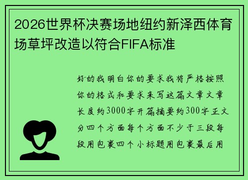 2026世界杯决赛场地纽约新泽西体育场草坪改造以符合FIFA标准